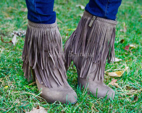 Fringe Booties in Taupe Brown Suede Heels