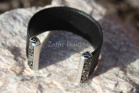 Black with Silver Tribal Design Bar Leather Cuff Bracelet