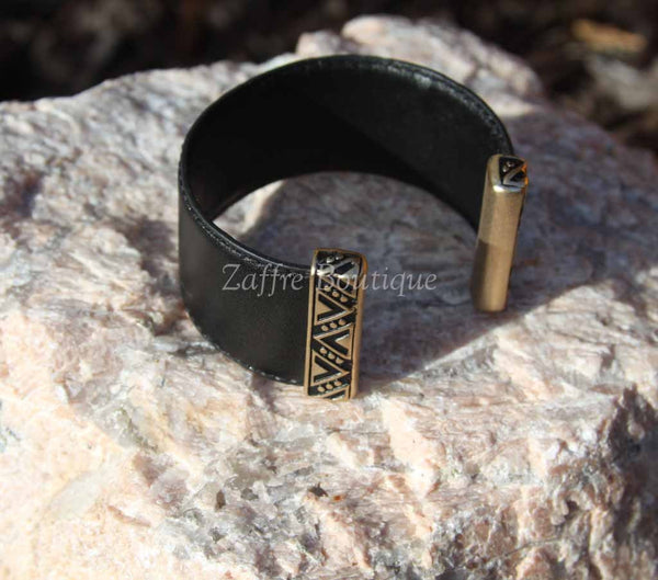 Black with Gold Tribal Design Bar Leather Cuff Bracelet