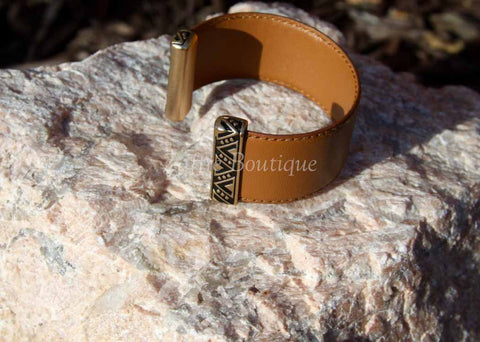 Brown Tribal Design Bar Leather Cuff Bracelet