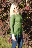 Olive Green Fringed Sweater Long Sleeve Crewneck