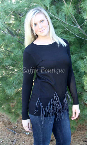 Black Fringed Sweater Long Sleeve Crewneck